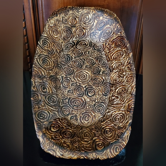 17 1/2" x 10" Glass Copper Bronze Brown Art Glass Decor Bowl with Silver Bottom - Picture 13 of 16